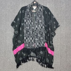 BOP Kimono Womens 1X Black Open Front Multi Print Fringed Boho Duster